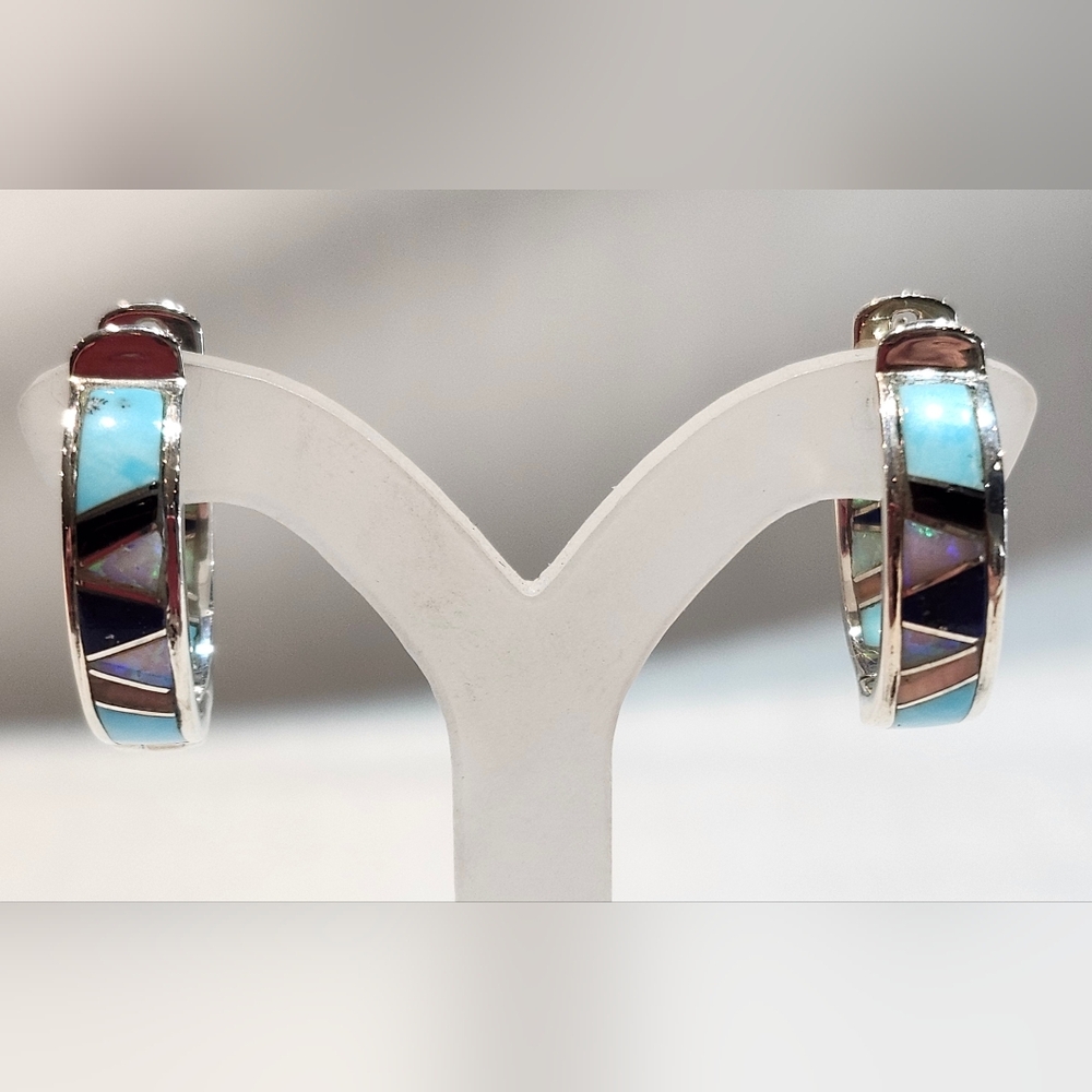 Native American sterling silver inlay hoop earrings